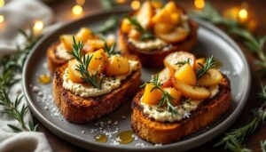 Apéro festif : toasts de pain d'épices grillé, brunoise de poires, romarin et terrine à la truffe