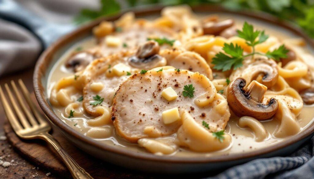 Ce plat crémeux dinde-champignons est l’alternative parfaite au chapon pour un dîner de Noël simple et savoureux
